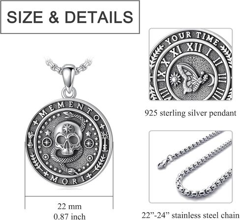 PELOVNY Memento Mori Skull Pendant Necklace 925 Sterling Silver Stoic Reminder Necklace Gothic Skull Jewelry Gifts for Men in Kuwait