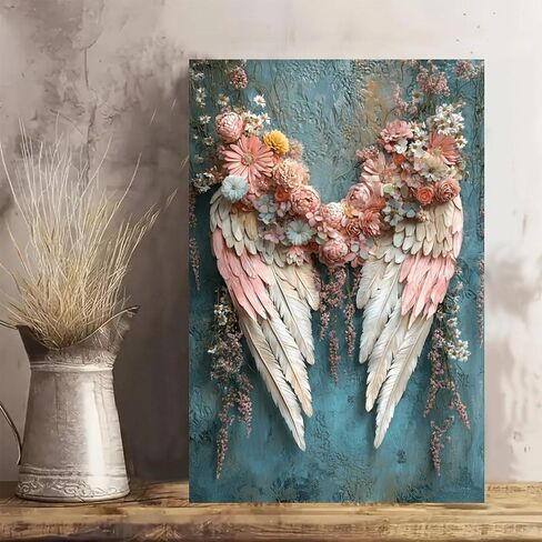 Floral Wings Teal Background Vintage Rustic Canvas Wall Art - 12x18in Unframed Poster- Home & Office Decor for Living Room, Bedroom, Kitchen & Cafe in Saudi Arabia