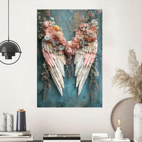 Floral Wings Teal Background Vintage Rustic Canvas Wall Art - 12x18in Unframed Poster- Home & Office Decor for Living Room, Bedroom, Kitchen & Cafe in Saudi Arabia