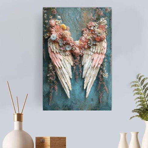 Floral Wings Teal Background Vintage Rustic Canvas Wall Art - 12x18in Unframed Poster- Home & Office Decor for Living Room, Bedroom, Kitchen & Cafe in Saudi Arabia