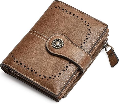 Small Genuine Leather Wallet for Women RFID Blocking Bifold with Zipper Accordion Pocket & ID Window Red (Brown) in Saudi Arabia
