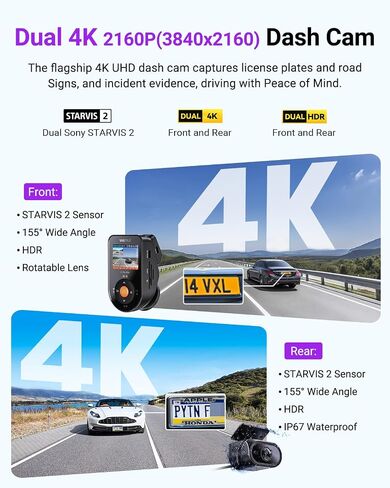 Vantrue S1 Pro Max 4K+4K Dash Cam Front and Rear, Dual Dash Camera with ADAS/BSD, Starvis2 HDR PlatePix™ Night Vision, 5GHz WiFi, GPS, Optional LTE, 24/7 Parking Mode, Voice Control, Support 1TB Max in Kuwait