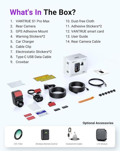 Vantrue S1 Pro Max 4K+4K Dash Cam Front and Rear, Dual Dash Camera with ADAS/BSD, Starvis2 HDR PlatePix™ Night Vision, 5GHz WiFi, GPS, Optional LTE, 24/7 Parking Mode, Voice Control, Support 1TB Max in Kuwait
