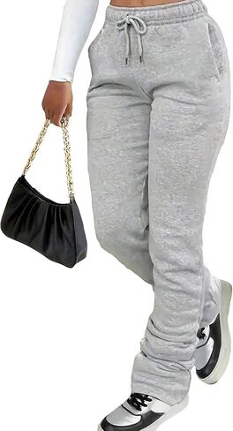GORGLITTER Women's Drawstring Waist Skinny Baggy Sweatpants Flare Leg Y2k Stacked Pants with Pockets in Saudi Arabia