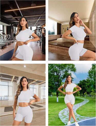 2PCS Women Yoga Set High Stretch Soft and Comfortable Short Sleeve Crop Top with High Waist Shorts Activewear in Saudi Arabia