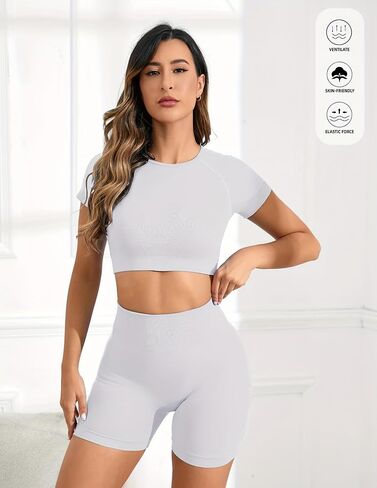 2PCS Women Yoga Set High Stretch Soft and Comfortable Short Sleeve Crop Top with High Waist Shorts Activewear in Saudi Arabia