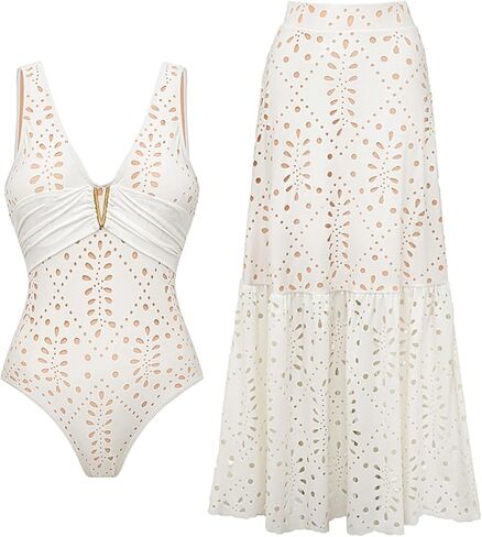 FLAXMAKER Solid One Piece V Neck Laser Cutting Flower Swimsuit and Skirt in Kuwait
