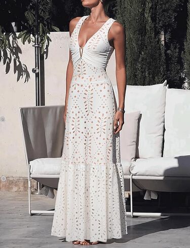 FLAXMAKER Solid One Piece V Neck Laser Cutting Flower Swimsuit and Skirt in Kuwait