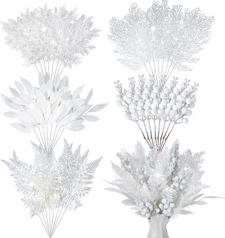 75 Pcs Christmas Glitter Picks Artificial Christmas Tree Picks and Sprays for Tree 5 Styles Berries Stems Cedar Bay Leaves Fern Pine Branches for Vase Fillers Wreath Garland(White) in Saudi Arabia