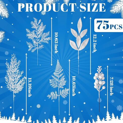 75 Pcs Christmas Glitter Picks Artificial Christmas Tree Picks and Sprays for Tree 5 Styles Berries Stems Cedar Bay Leaves Fern Pine Branches for Vase Fillers Wreath Garland(White) in Saudi Arabia
