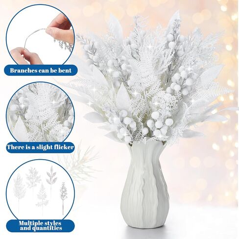75 Pcs Christmas Glitter Picks Artificial Christmas Tree Picks and Sprays for Tree 5 Styles Berries Stems Cedar Bay Leaves Fern Pine Branches for Vase Fillers Wreath Garland(White) in Saudi Arabia