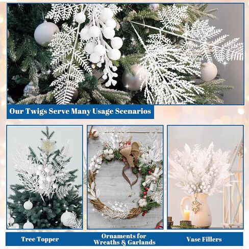75 Pcs Christmas Glitter Picks Artificial Christmas Tree Picks and Sprays for Tree 5 Styles Berries Stems Cedar Bay Leaves Fern Pine Branches for Vase Fillers Wreath Garland(White) in Saudi Arabia