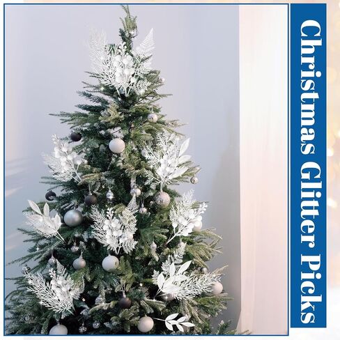 75 Pcs Christmas Glitter Picks Artificial Christmas Tree Picks and Sprays for Tree 5 Styles Berries Stems Cedar Bay Leaves Fern Pine Branches for Vase Fillers Wreath Garland(White) in Saudi Arabia