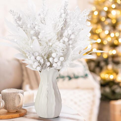 75 Pcs Christmas Glitter Picks Artificial Christmas Tree Picks and Sprays for Tree 5 Styles Berries Stems Cedar Bay Leaves Fern Pine Branches for Vase Fillers Wreath Garland(White) in Saudi Arabia