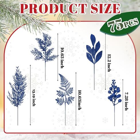 75 Pcs Christmas Glitter Picks Artificial Christmas Tree Picks and Sprays for Tree 5 Styles Berries Stems Cedar Bay Leaves Fern Pine Branches for Vase Fillers Wreath Garland(White) in Saudi Arabia