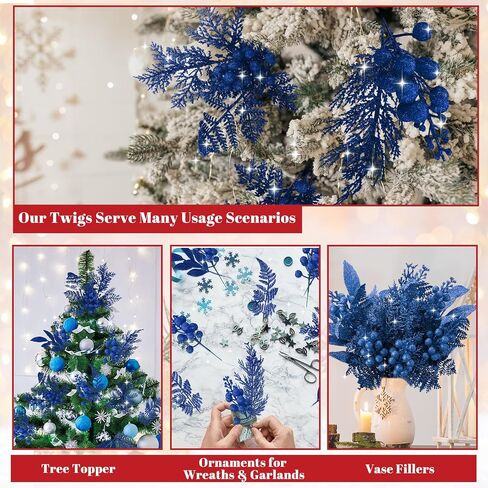 75 Pcs Christmas Glitter Picks Artificial Christmas Tree Picks and Sprays for Tree 5 Styles Berries Stems Cedar Bay Leaves Fern Pine Branches for Vase Fillers Wreath Garland(White) in Saudi Arabia