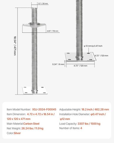 vevor 4-pack مقابس تسوية قابلة للتعديل، 18.2 في ارتفاع قابل للتعديل و3307 رطل/1500 كجم إجمالي سعة الحمولة سقالة الرافعات، الصلبة الكربون الصلب الرافعات اللولبية لمعدات السقالات على طراز الخباز، فضي in Saudi Arabia