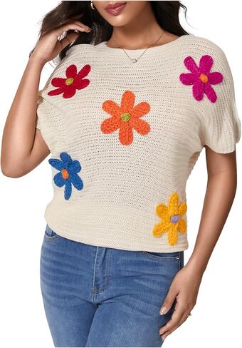 Milumia Women's Color Block Flower Short Sleeve Sweater Plullover Knit Tops in Kuwait