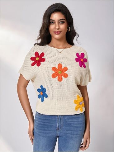 Milumia Women's Color Block Flower Short Sleeve Sweater Plullover Knit Tops in Kuwait