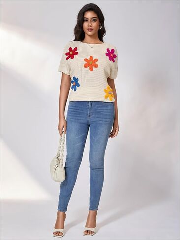 Milumia Women's Color Block Flower Short Sleeve Sweater Plullover Knit Tops in Kuwait