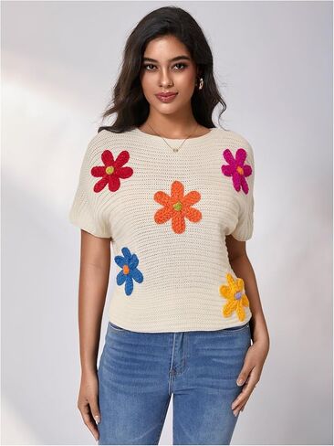 Milumia Women's Color Block Flower Short Sleeve Sweater Plullover Knit Tops in Kuwait