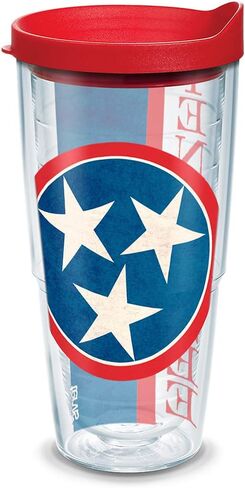 كوب Tervis 1141731 معزول بعلم ولاية تينيسي مع غلاف وغطاء أحمر، 16oz، شفاف in Kuwait