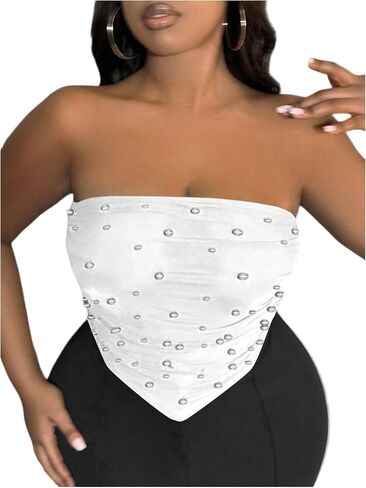 WDIRARA Women's Plus Size Pearls Beaded Mesh Tube Tops Asymmetrical Strapless Bandeau Crop Top in Saudi Arabia