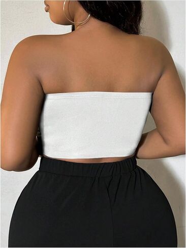 WDIRARA Women's Plus Size Pearls Beaded Mesh Tube Tops Asymmetrical Strapless Bandeau Crop Top in Saudi Arabia