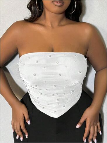 WDIRARA Women's Plus Size Pearls Beaded Mesh Tube Tops Asymmetrical Strapless Bandeau Crop Top in Saudi Arabia