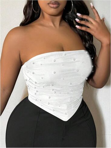 WDIRARA Women's Plus Size Pearls Beaded Mesh Tube Tops Asymmetrical Strapless Bandeau Crop Top in Saudi Arabia