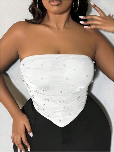 WDIRARA Women's Plus Size Pearls Beaded Mesh Tube Tops Asymmetrical Strapless Bandeau Crop Top in Saudi Arabia