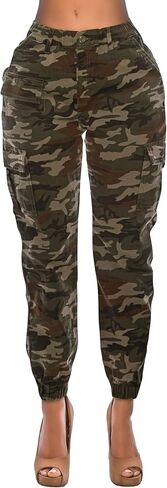 Double Denim Women's High Waist Jogger Pants - Casual Cargo Elastic Waistband Sweatpants Tapered Fatigue with 6 Pockets SCP-2049 Camo S in Saudi Arabia