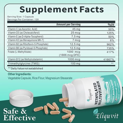Methylated Multivitamin for Men & Women - Methylated B Complex with Methylfolate & B12-9-in-1 MTHFR Support + TMG - Vegan Multivitamin for Men & Women -Energy & Mood - USA Made-120 Capsules in Saudi Arabia