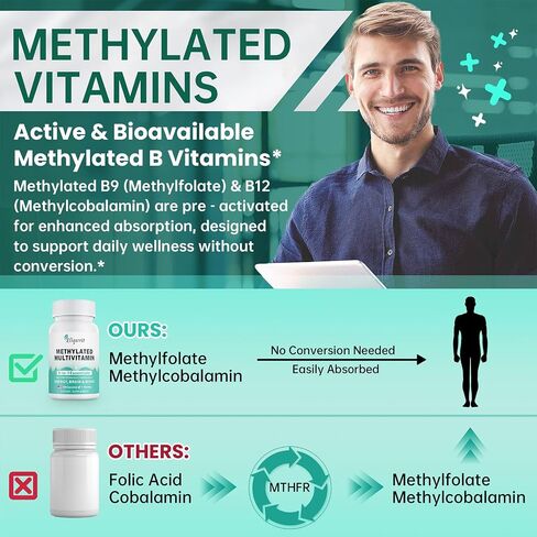 Methylated Multivitamin for Men & Women - Methylated B Complex with Methylfolate & B12-9-in-1 MTHFR Support + TMG - Vegan Multivitamin for Men & Women -Energy & Mood - USA Made-120 Capsules in Saudi Arabia