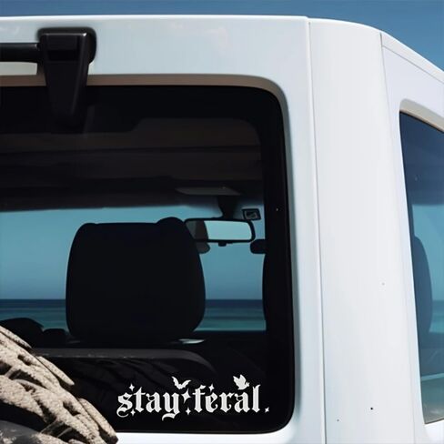 قطعتان من ملصقات ممتص الصدمات للسيارة Stay Feral - ملصقات سيارة على الطراز القوطي مع لمسات الخفافيش - ملصق السائق الغاضب مقاس 7.9 بوصة × 2.3 بوصة لنوافذ السيارة، ديكور فكاهي لغضب الدراجات النارية | #AZ14 (أبيض) in Kuwait