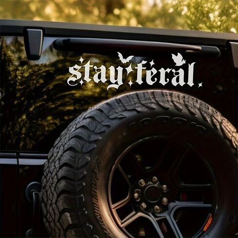 قطعتان من ملصقات ممتص الصدمات للسيارة Stay Feral - ملصقات سيارة على الطراز القوطي مع لمسات الخفافيش - ملصق السائق الغاضب مقاس 7.9 بوصة × 2.3 بوصة لنوافذ السيارة، ديكور فكاهي لغضب الدراجات النارية | #AZ14 (أبيض) in Kuwait