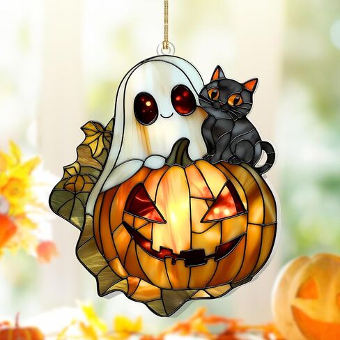 Ghost Plant Suncatcher - ديكور معلق لنافذة من الزجاج الملون للهالوين - شبح لطيف يحمل وعاء Monstera - زينة صغيرة للهالوين لمحبي النباتات والنباتات الساحرة in Saudi Arabia