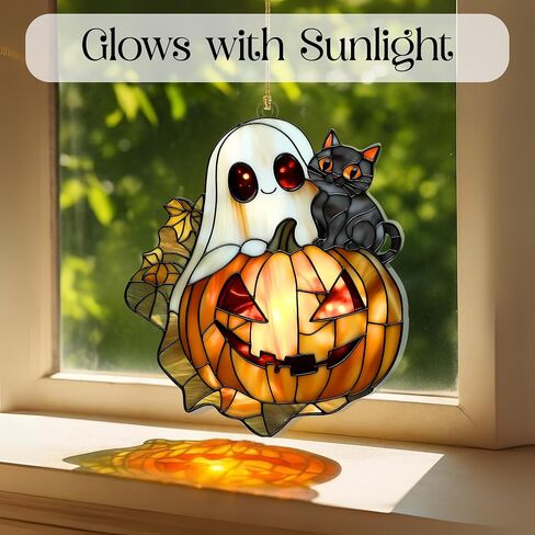 Ghost Plant Suncatcher - ديكور معلق لنافذة من الزجاج الملون للهالوين - شبح لطيف يحمل وعاء Monstera - زينة صغيرة للهالوين لمحبي النباتات والنباتات الساحرة in Saudi Arabia