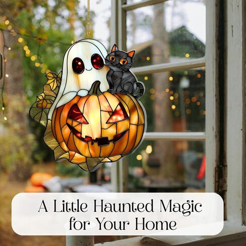 Ghost Plant Suncatcher - ديكور معلق لنافذة من الزجاج الملون للهالوين - شبح لطيف يحمل وعاء Monstera - زينة صغيرة للهالوين لمحبي النباتات والنباتات الساحرة in Saudi Arabia