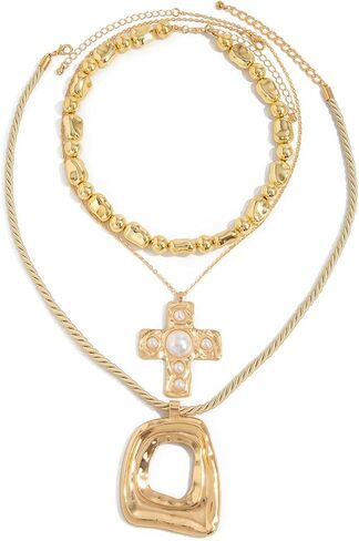 Layered Chunky Gold Square Cross Necklace For Women Stacked Statement Oval Hollowed-Out Chain Necklace Gold Hollow Square Geometric Pendant Necklace Punk Hip-Hop Party Jewelry Accessories in Saudi Arabia