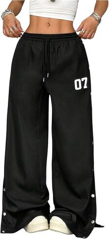 بنطال Verdusa النسائي ذو الرقم الجرافيكي بأرجل واسعة ورباط على الخصر وأزرار جانبية وبنطلون فضفاض in Kuwait