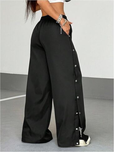 بنطال Verdusa النسائي ذو الرقم الجرافيكي بأرجل واسعة ورباط على الخصر وأزرار جانبية وبنطلون فضفاض in Kuwait