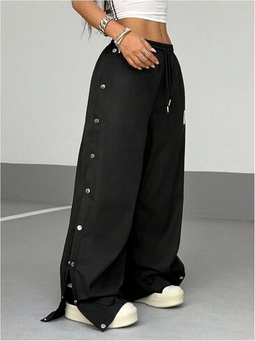 بنطال Verdusa النسائي ذو الرقم الجرافيكي بأرجل واسعة ورباط على الخصر وأزرار جانبية وبنطلون فضفاض in Kuwait