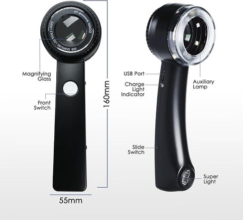Loupe Machifier 10x ، مجوهرات قابلة لإعادة الشحن مكبرة الزجاج مع ضوء LED ومقياس ، و lebe المجوهرات ذات الطول البؤري القابل للتعديل للأحجار الكريمة ، والعملات المعدنية in Kuwait