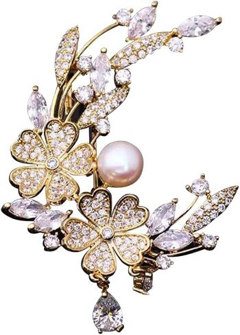 Elegant Flower Brooch Pin for Women, Rhinestone & Cubic Zirconia Pearl Hollow Out Design, Handmade Crystal Brooches Pins for Wedding Party, Coats, Jackets, Scarves & Sweaters Accessories in Saudi Arabia