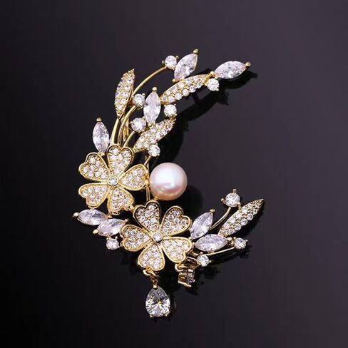 Elegant Flower Brooch Pin for Women, Rhinestone & Cubic Zirconia Pearl Hollow Out Design, Handmade Crystal Brooches Pins for Wedding Party, Coats, Jackets, Scarves & Sweaters Accessories in Saudi Arabia