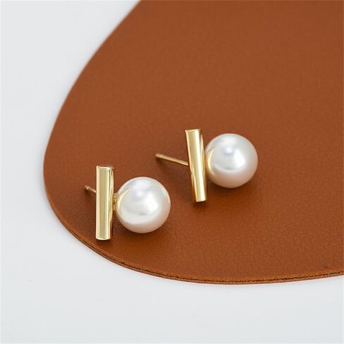 Dainty Pearl Bar Gold Plated Stud Earrings for Women 925 Sterling Silver Post Minimalist Round Pearl Studs Hypoallergenic Fashion Jewelry Wedding Birthday Gift Her in Saudi Arabia