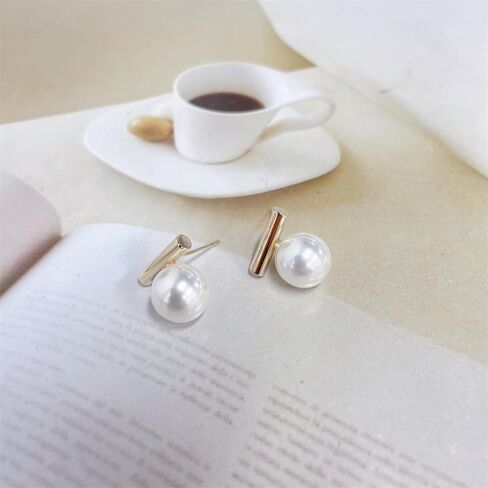 Dainty Pearl Bar Gold Plated Stud Earrings for Women 925 Sterling Silver Post Minimalist Round Pearl Studs Hypoallergenic Fashion Jewelry Wedding Birthday Gift Her in Saudi Arabia