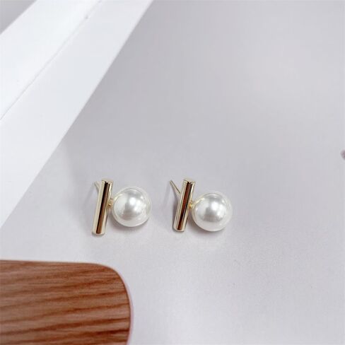 Dainty Pearl Bar Gold Plated Stud Earrings for Women 925 Sterling Silver Post Minimalist Round Pearl Studs Hypoallergenic Fashion Jewelry Wedding Birthday Gift Her in Saudi Arabia