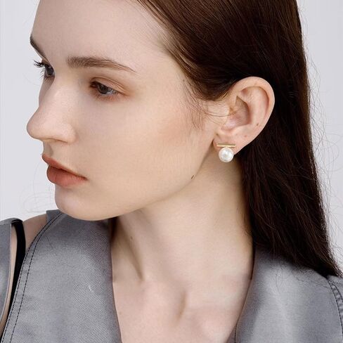 Dainty Pearl Bar Gold Plated Stud Earrings for Women 925 Sterling Silver Post Minimalist Round Pearl Studs Hypoallergenic Fashion Jewelry Wedding Birthday Gift Her in Saudi Arabia